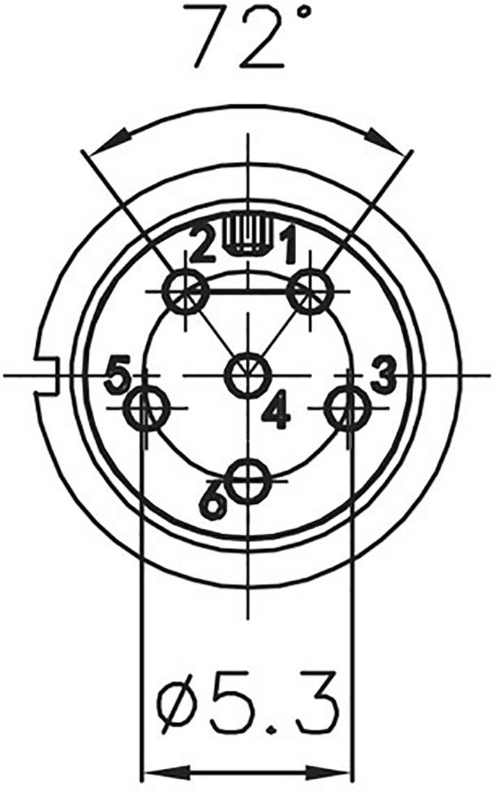 Technical drawing of a six-pin plug with labels for angles, diameters, and pin numbers.