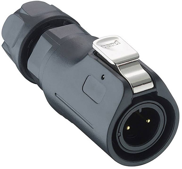 Black, cylindrical plug with a shiny metal clip; often used for audio connections.
