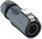 Black, cylindrical plug with a shiny metal clip; often used for audio connections.