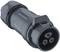 Black electric plug with three contact pins, suitable for heavy industrial applications. Robust and waterproof design.