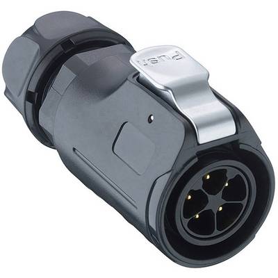 A black electric connector with a circular shape and a silver lever, labelled 'Push', for secure cable connection.