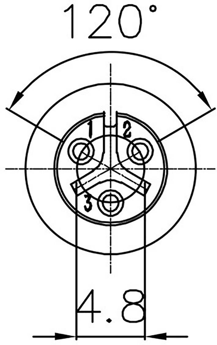 Technical drawing shows an arrangement of three pin holes in a circle with an angle of 120 degrees and a diameter of 4.8 mm.