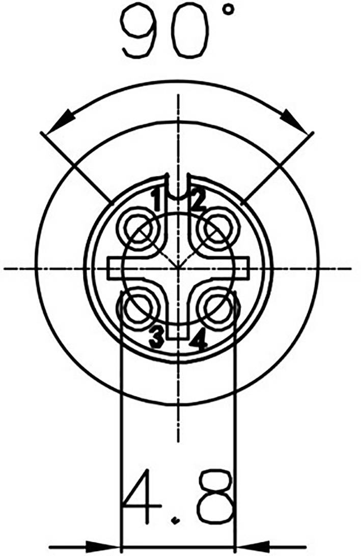 Technical drawing of a circular connector with four pins numbered 1 to 4. Angle specification 90° and dimension 4.8.