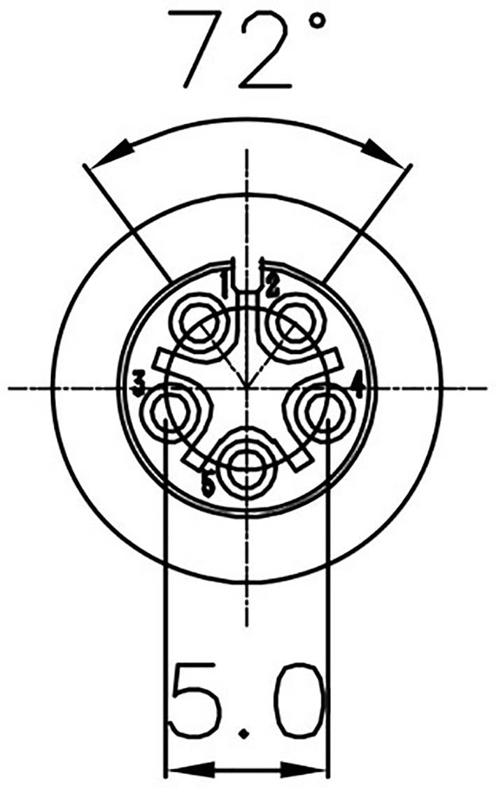 Technical drawing of a circular component. Shows four evenly distributed holes at a 72° angle. Diameter 5.0.