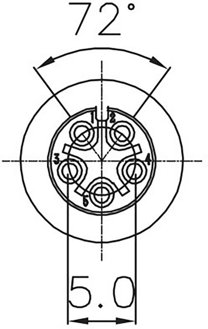 Technical drawing of a circle with five inner circles, numbered 1 to 5, angles of 72° and a diameter of 5.0.