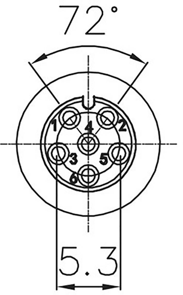 Technical drawing of a six-pole connector with an insertion angle of 72 degrees and a diameter of 5.3 mm.