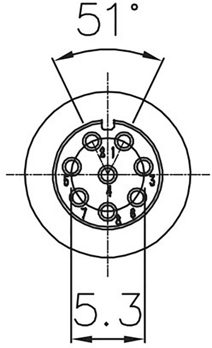 Technical drawing of a round socket with 8 numbered contact points. Angle of 51 degrees and diameter specification of 5.3.