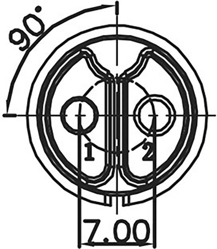 Technical drawing of a round connector socket, two surfaces marked '1' and '2', diameter specification: 7.00 mm, 90-degree angle.