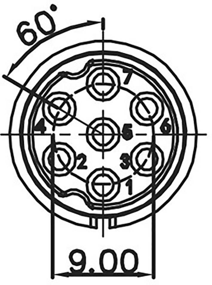 A circular, technical connector diagram shows seven numbered pin positions in a circle. Pins are spaced at 60-degree angles.