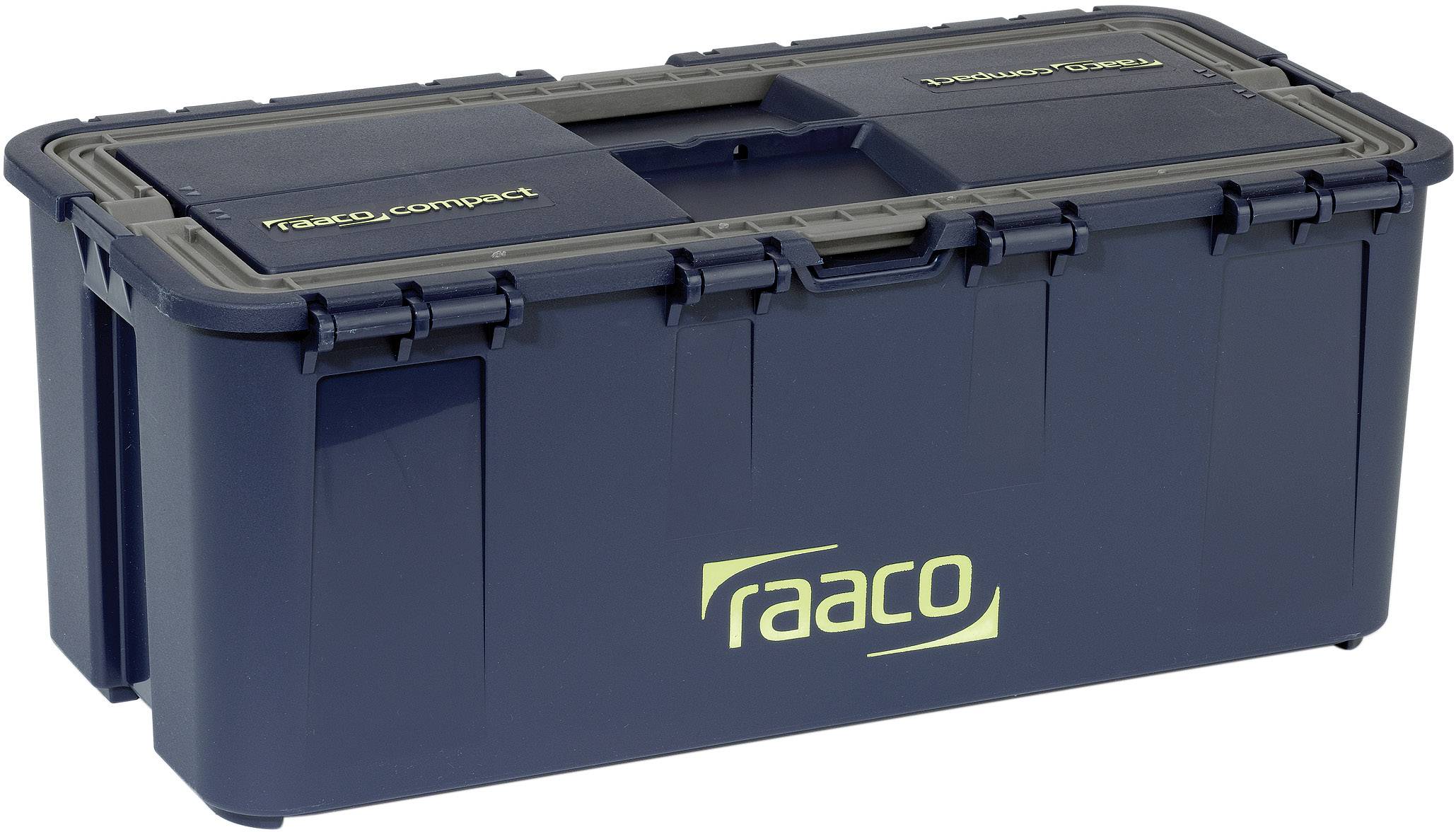 Dark blue storage box with lid by the brand 'raaco'.