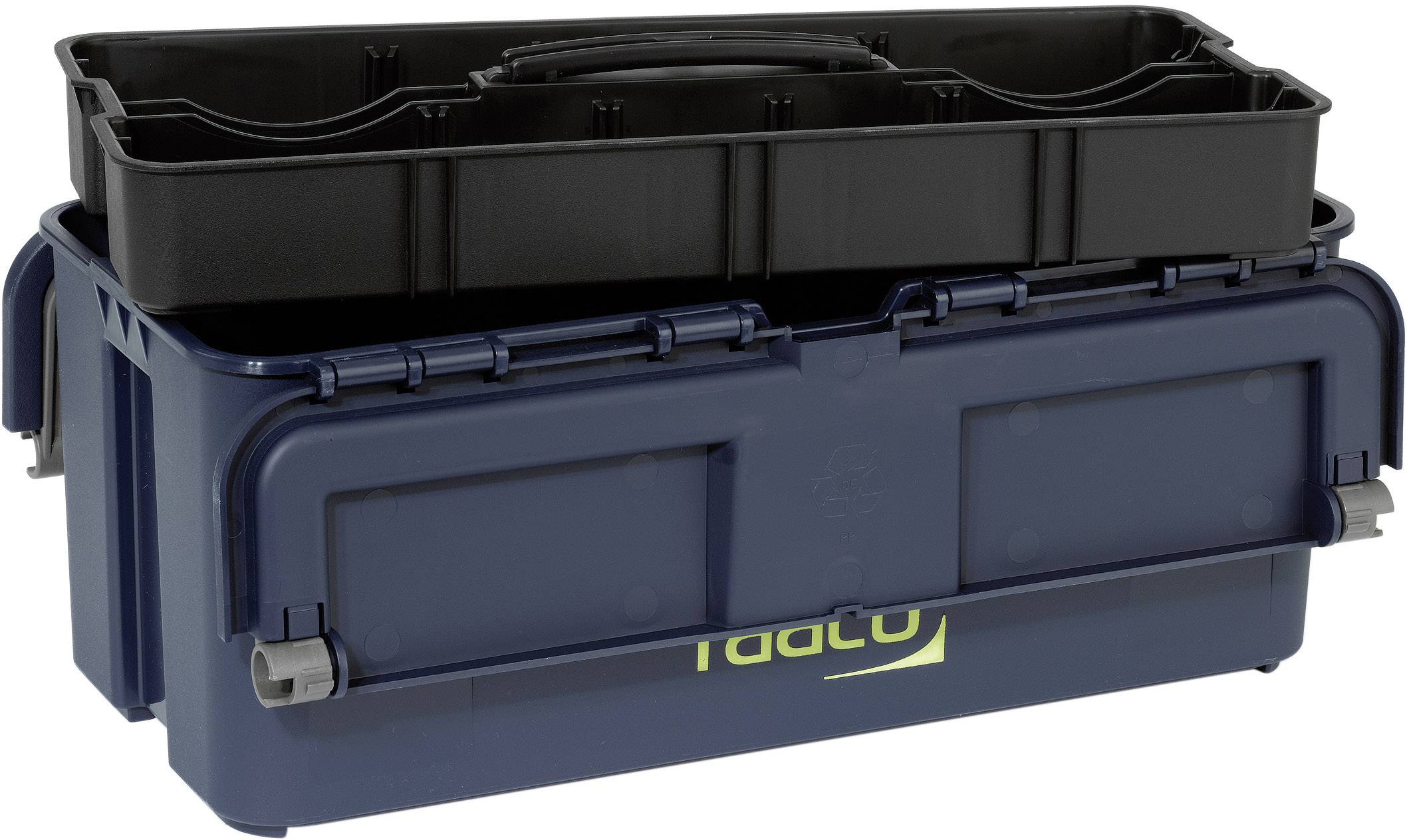 Blue toolbox with a black insert and yellow logo. The upper insert has compartments for small tools or accessories.