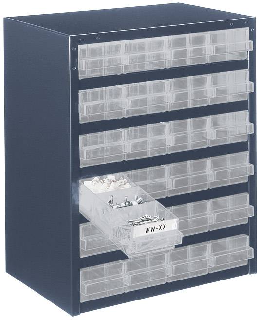 A black storage system with multiple transparent drawers; one drawer open, filled with small parts.