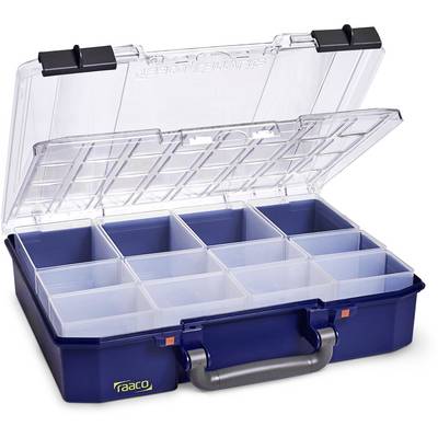 A blue plastic sorting box with a transparent lid. It has twelve equally sized, empty compartments for storing small items.