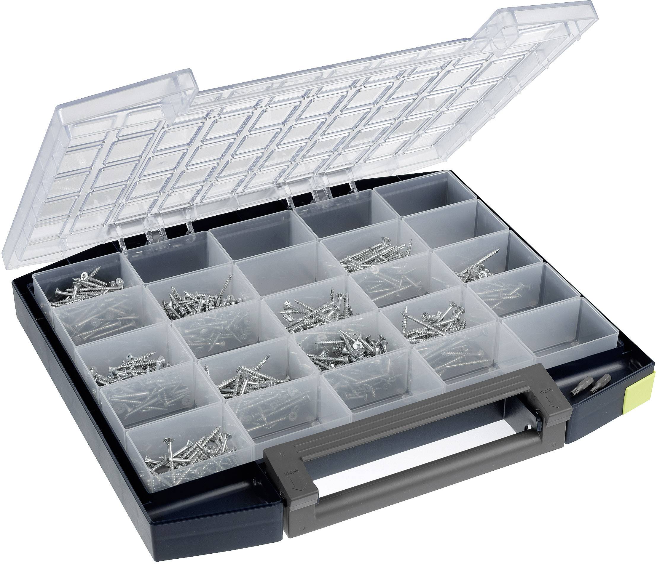 Opened toolbox with compartments filled with various screws. Contains small and larger metal screw types.