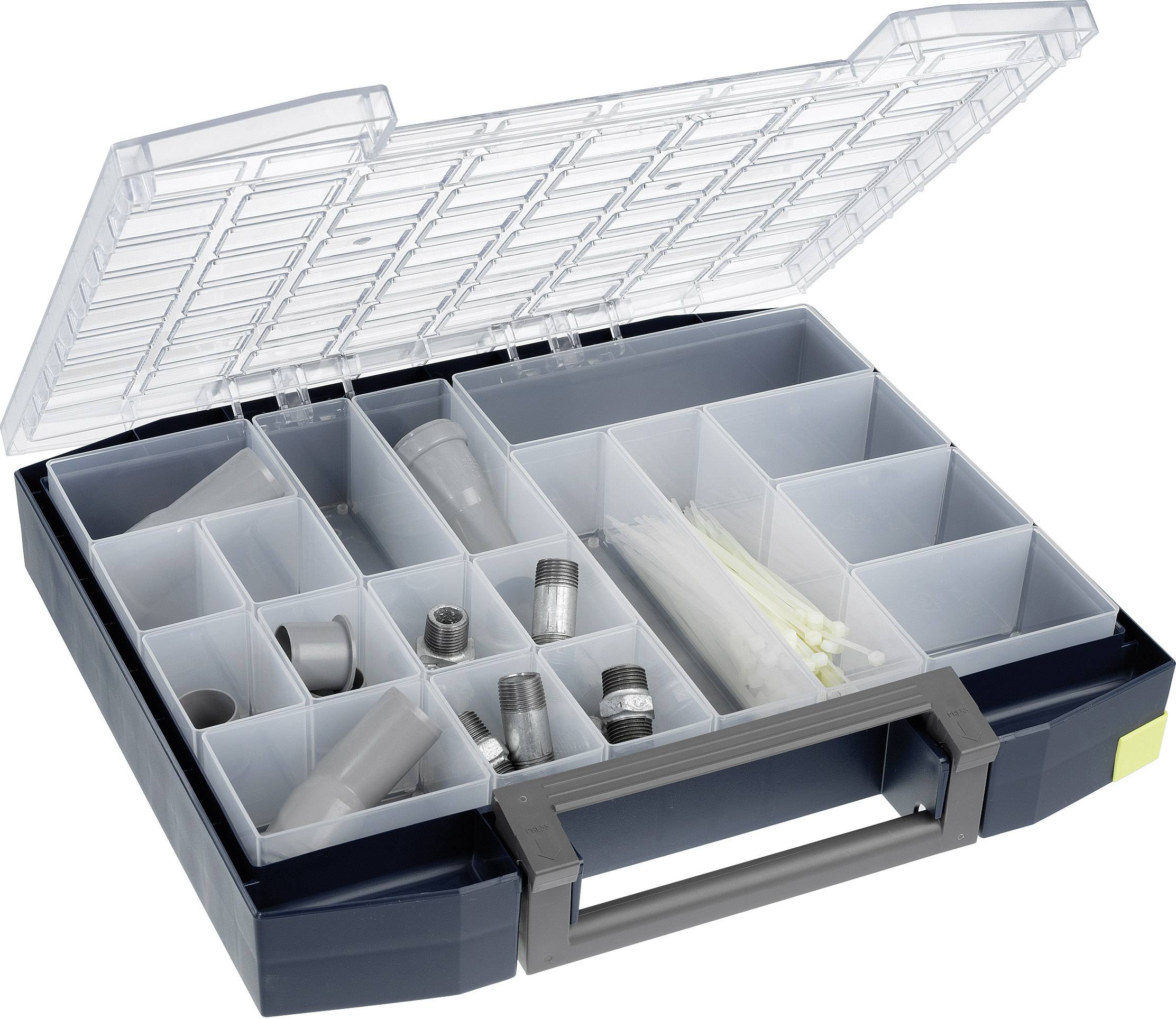 Grey plastic organiser with an open lid displaying compartments filled with screws, wall plugs, and small tools.