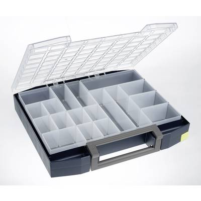 Open storage box with transparent lid and multiple compartments of varying sizes for storing small items.