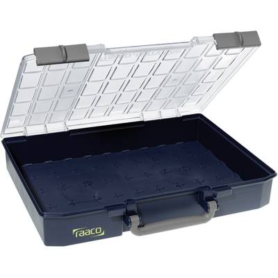 A clear, open plastic tool organiser with a transparent lid and handle. Ideal for storing small parts.