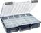 Open storage box with compartments, filled with various screws and nails. Plastic design with grey handle.