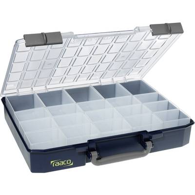 Plastic organiser with transparent lid, 18 compartments, dark blue housing, front handle, suitable for storing small parts.