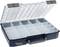 Plastic organiser with transparent lid, 18 compartments, dark blue housing, front handle, suitable for storing small parts.