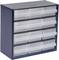 'Black plastic cabinet with three rows, each with five transparent drawers. Suitable for storing small items.'
