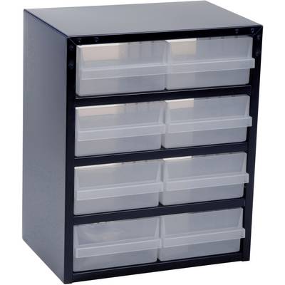 A black drawer cabinet with eight transparent drawers in two columns.