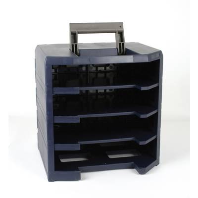 An empty blue toolbox with multiple compartments and a black handle.