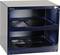 A dark blue safe with two open compartments and a lock in the top right corner.