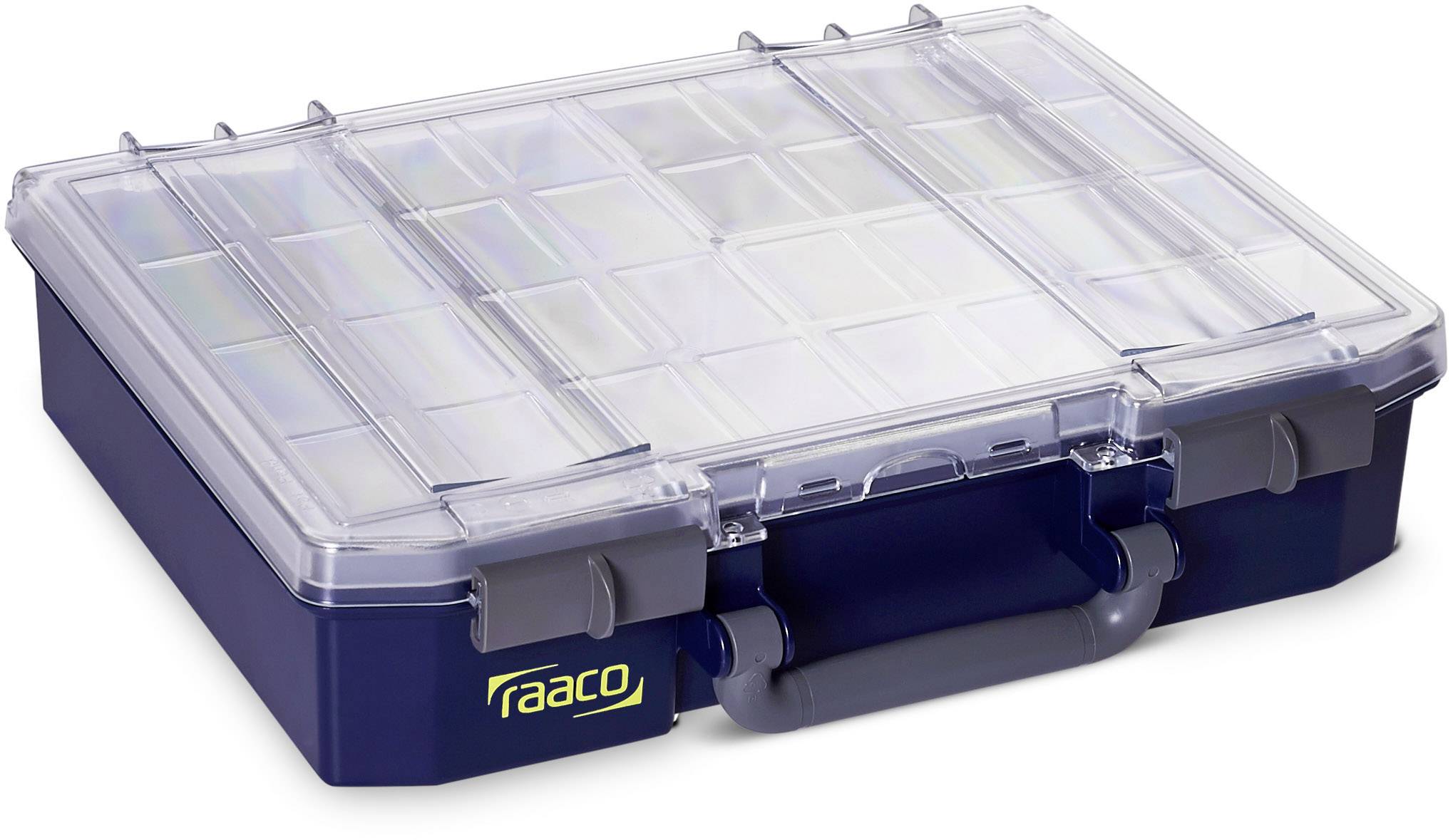 Shallow, rectangular storage box with a transparent lid and multiple compartments, suitable for organising small items.