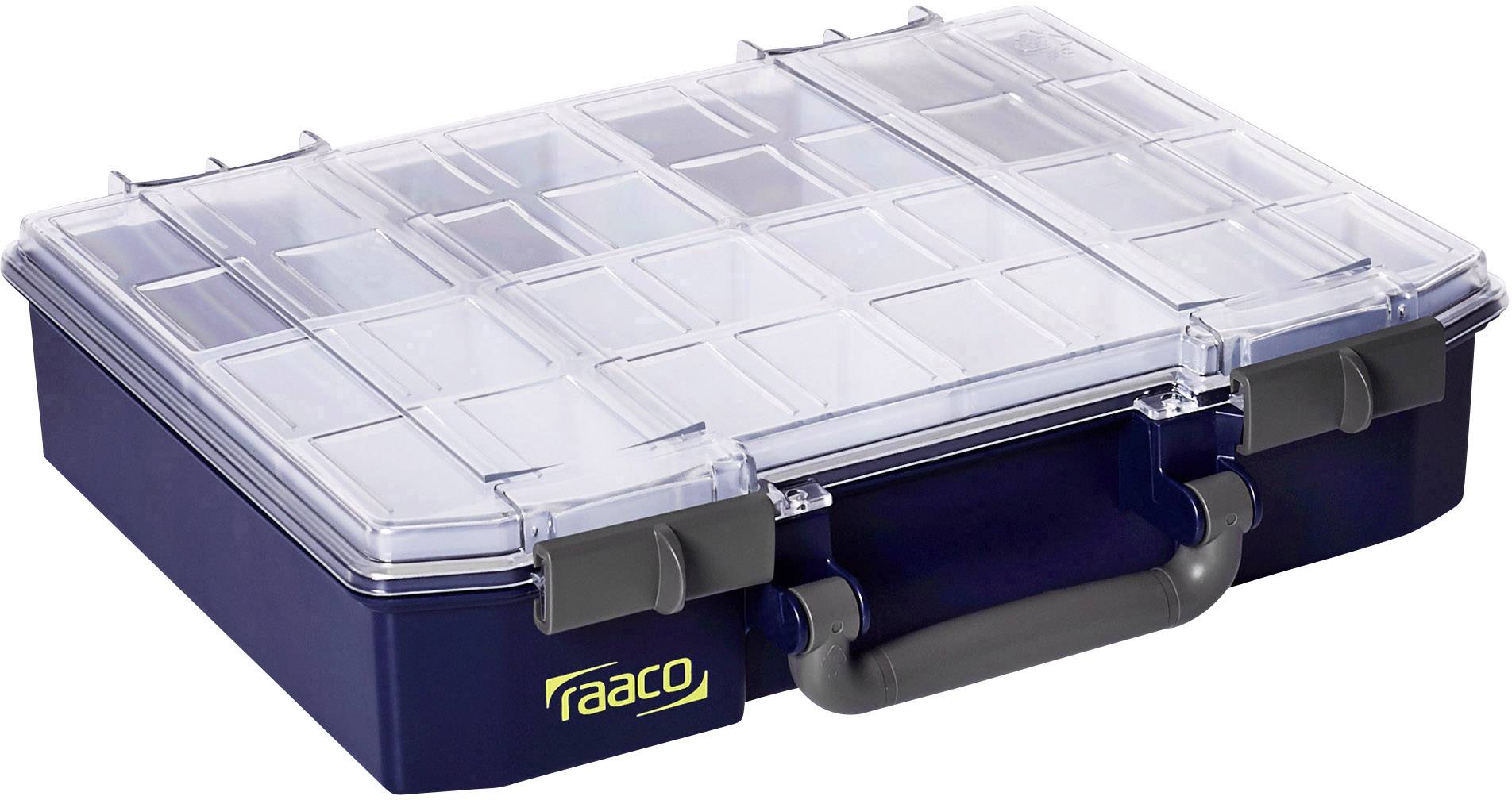 A blue storage box with a transparent lid and black handle, suitable for storing small items.