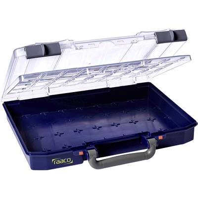 Open, empty blue plastic storage box with transparent lid and handle, suitable for storing small items.