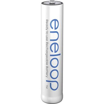 White, cylindrical battery with blue lettering 'eneloop' and 'Ready to use Rechargeable Battery', suitable for rechargeable devices.