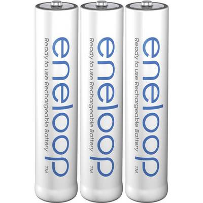 Three upright rechargeable AA batteries with the 'eneloop' inscription in blue lettering on a white background.