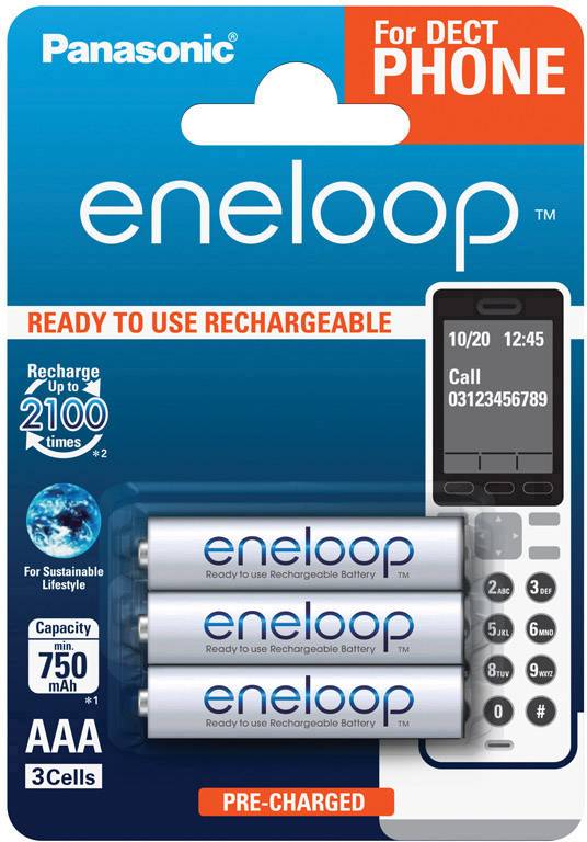 'Panasonic Eneloop AAA Batteries for DECT Phones, Pre-charged, Up to 2100 Recharge Cycles, Capacity 750 mAh, Pack of 3.'