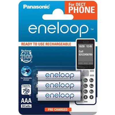 'Panasonic Eneloop AAA Batteries for DECT Phones, Pre-charged, Up to 2100 Recharge Cycles, Capacity 750 mAh, Pack of 3.'