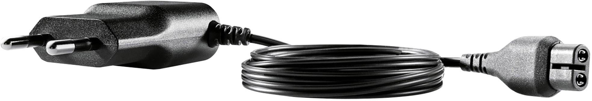 Black network cable with a European plug on the left side and a device plug on the right side, coiled up.