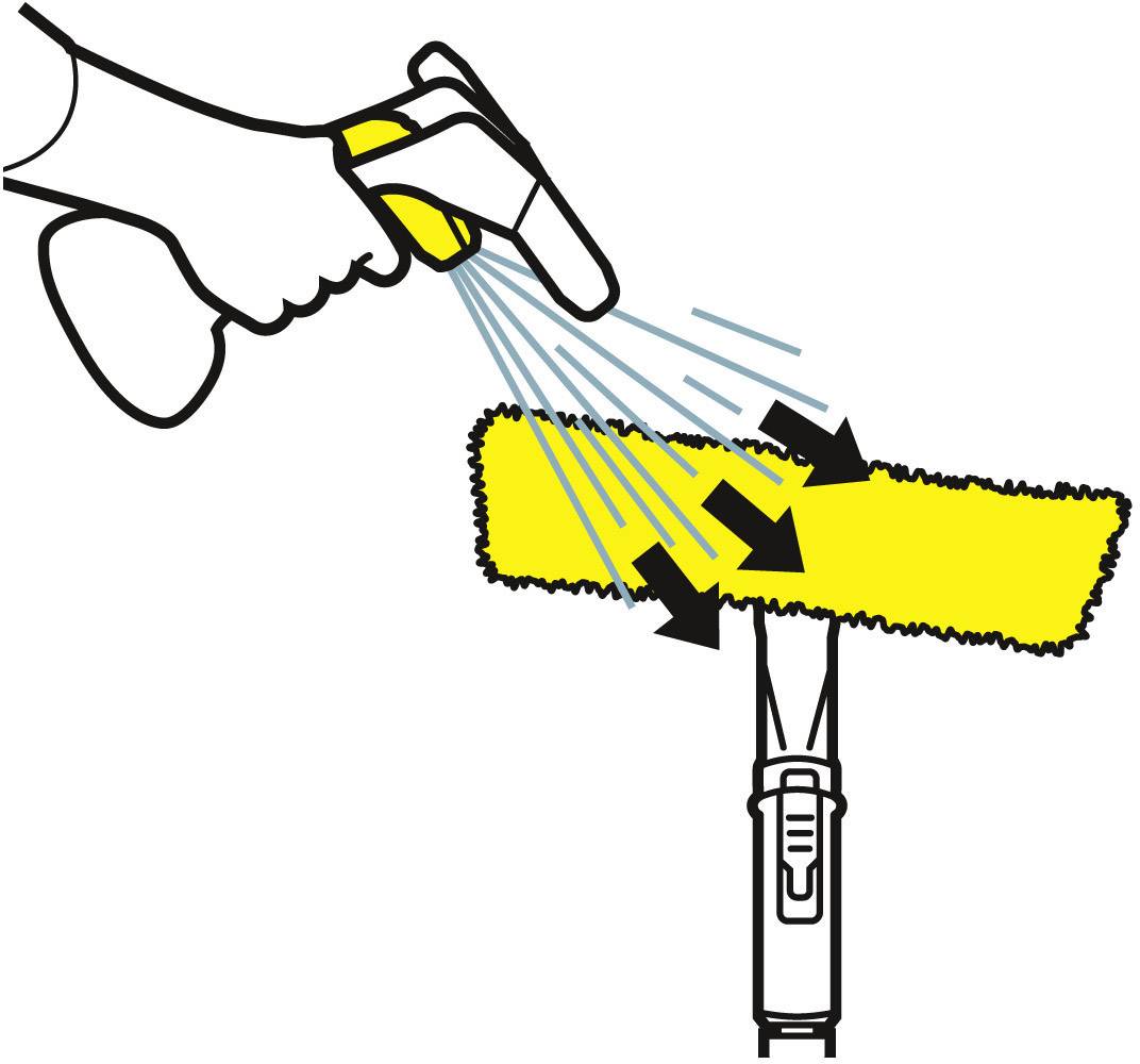A hand sprays liquid onto a yellow duster attached to a handle. Arrows indicate the direction of spraying.