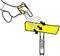 A hand sprays liquid onto a yellow duster attached to a handle. Arrows indicate the direction of spraying.