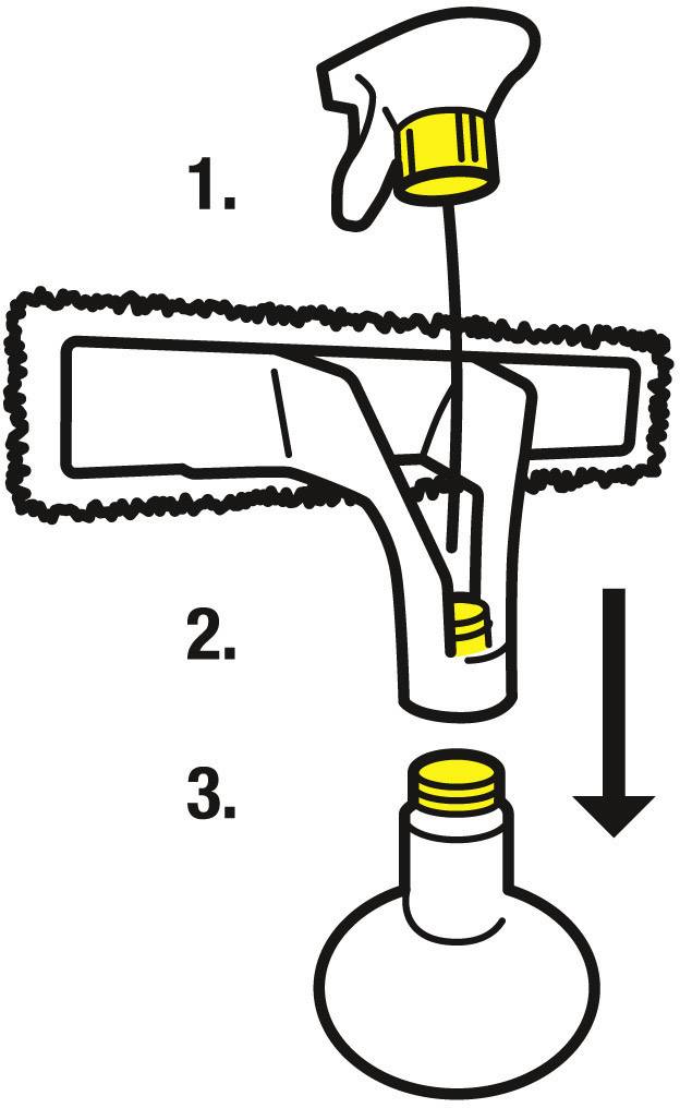Diagram with three steps for attaching a spray bottle to a window cleaner: 1. Close bottle, 2. Position, 3. Lock in place. Arrow pointing downwards.