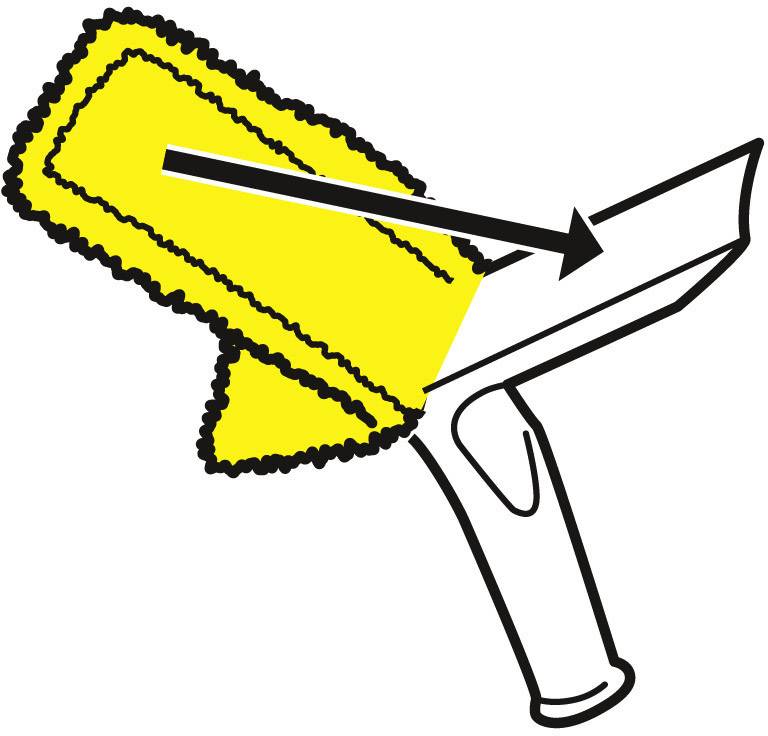 A cleaning tool with a yellow fabric cover and handle. An arrow points to the sharp edge used for drawing water away.