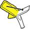 A cleaning tool with a yellow fabric cover and handle. An arrow points to the sharp edge used for drawing water away.