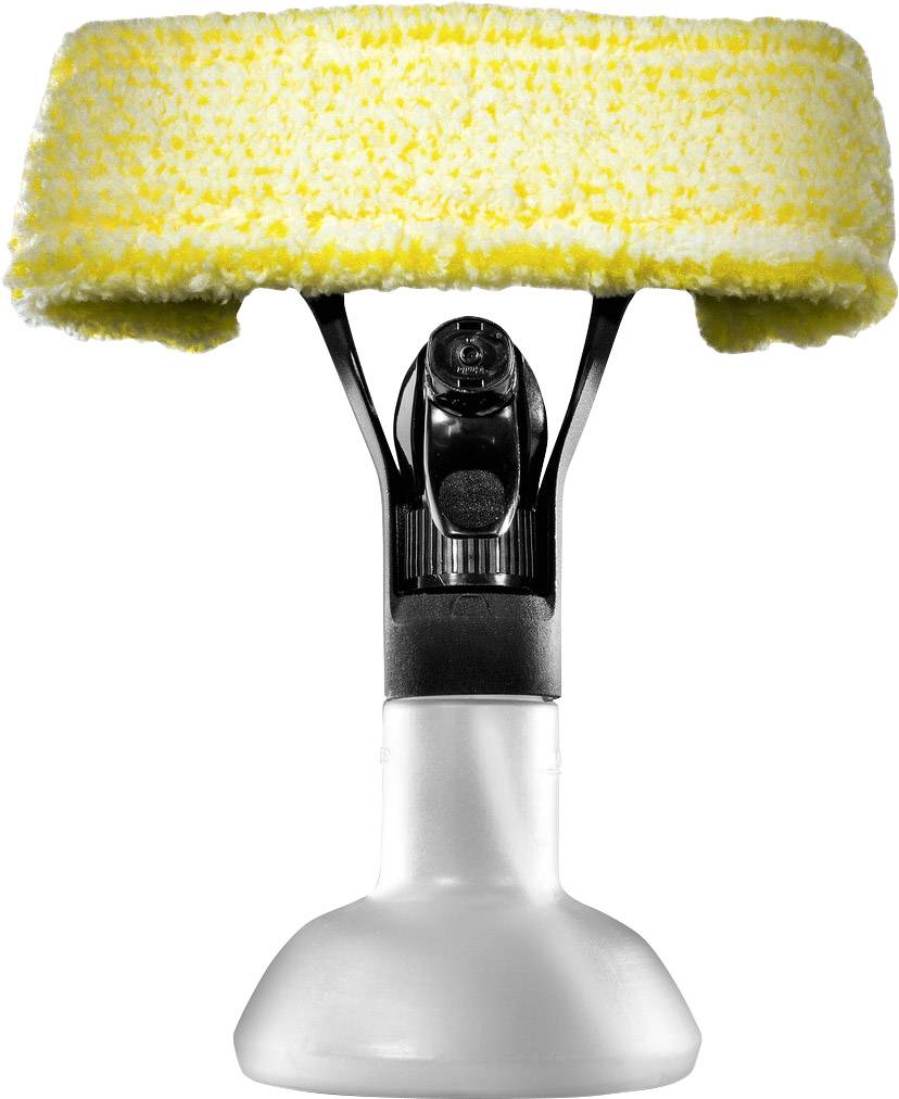 A white spray bottle nozzle with a yellow cleaning pad, suitable for cleaning surfaces.