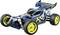 A blue remote-controlled car with yellow wheels and a spoiler, consisting of high-quality shock absorbers and black and white patterns.