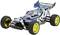 A blue and white remote-controlled buggy with yellow tyres.
