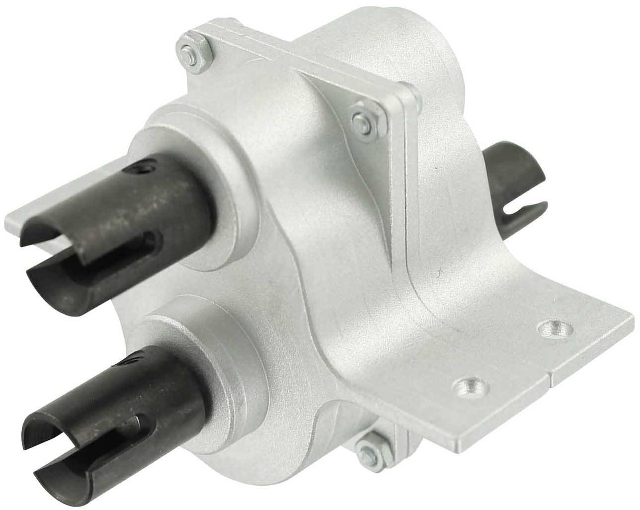 A silver machine component with two protruding black cylinders and a mounting plate. Most likely part of a mechanical system.