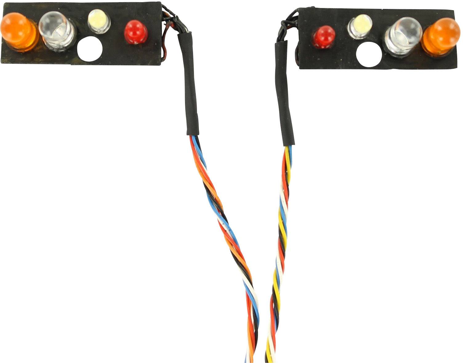 'Two LED modules with colourful wires: two red and orange LEDs each, one white LED per module, mounted on black boards.'
