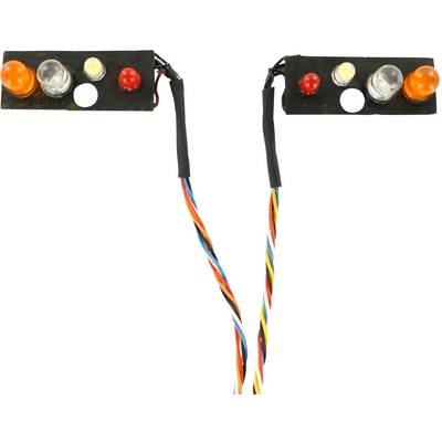 'Two LED modules with colourful wires: two red and orange LEDs each, one white LED per module, mounted on black boards.'