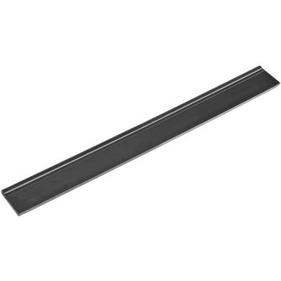 A black metal ruler, flat and elongated, ideal for precise drawing or measuring on paper or other surfaces.