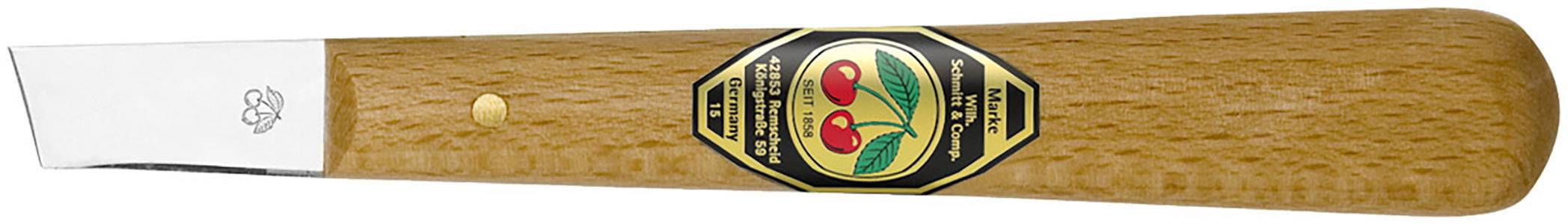 Wooden-handled knife with a short, pointed steel blade and a sticker with red cherries on the handle.