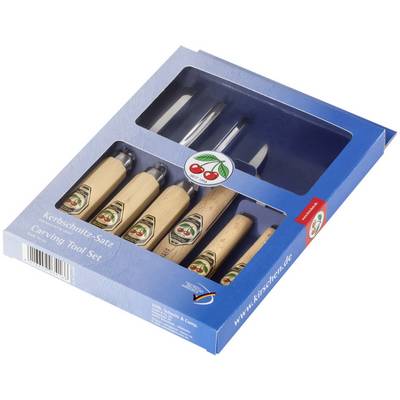 Carving tool set consisting of six wood carving tools in a blue packaging with a viewing window. Each tool has a wooden handle.